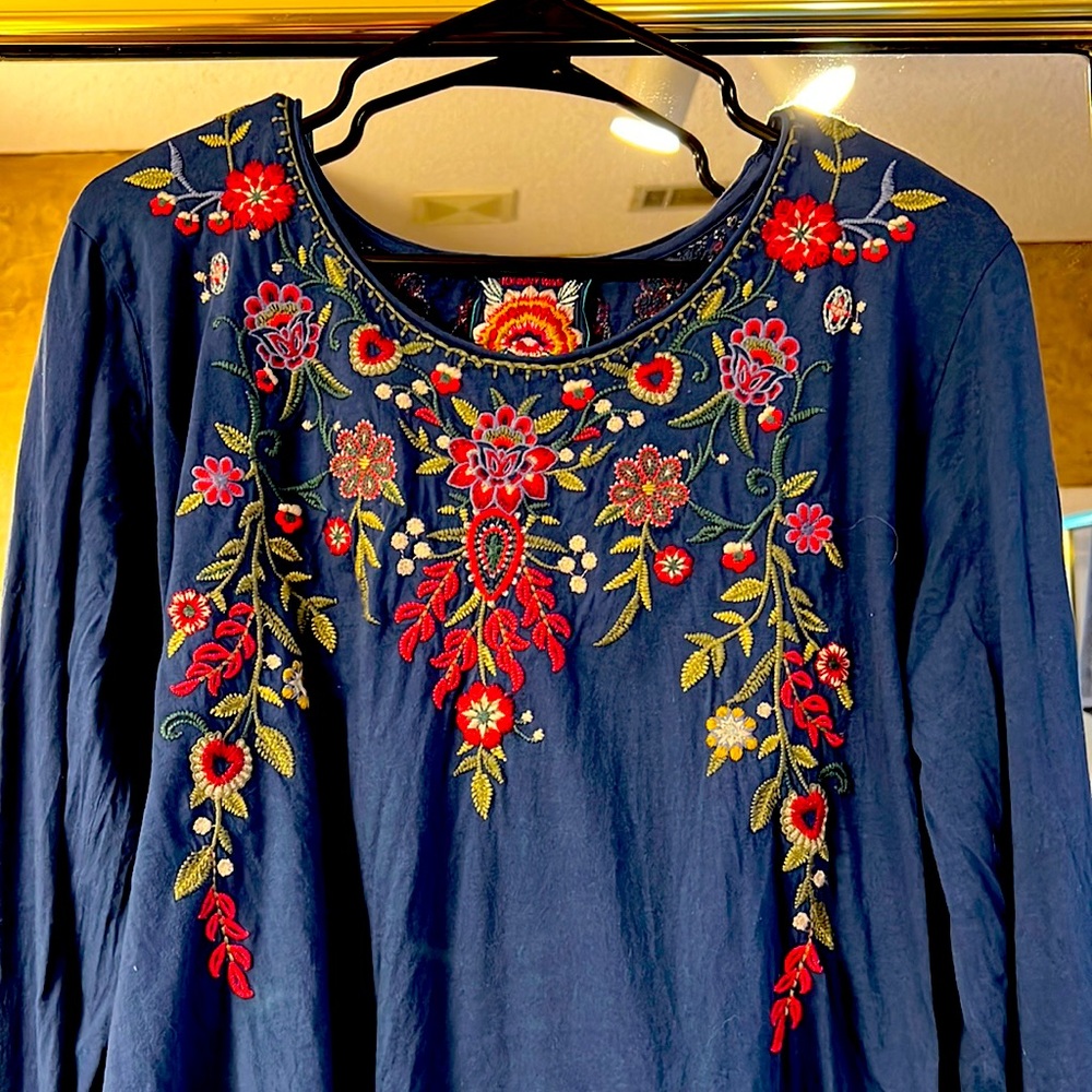 Johnny Was blue shirt with embroidery size L, gently worn.